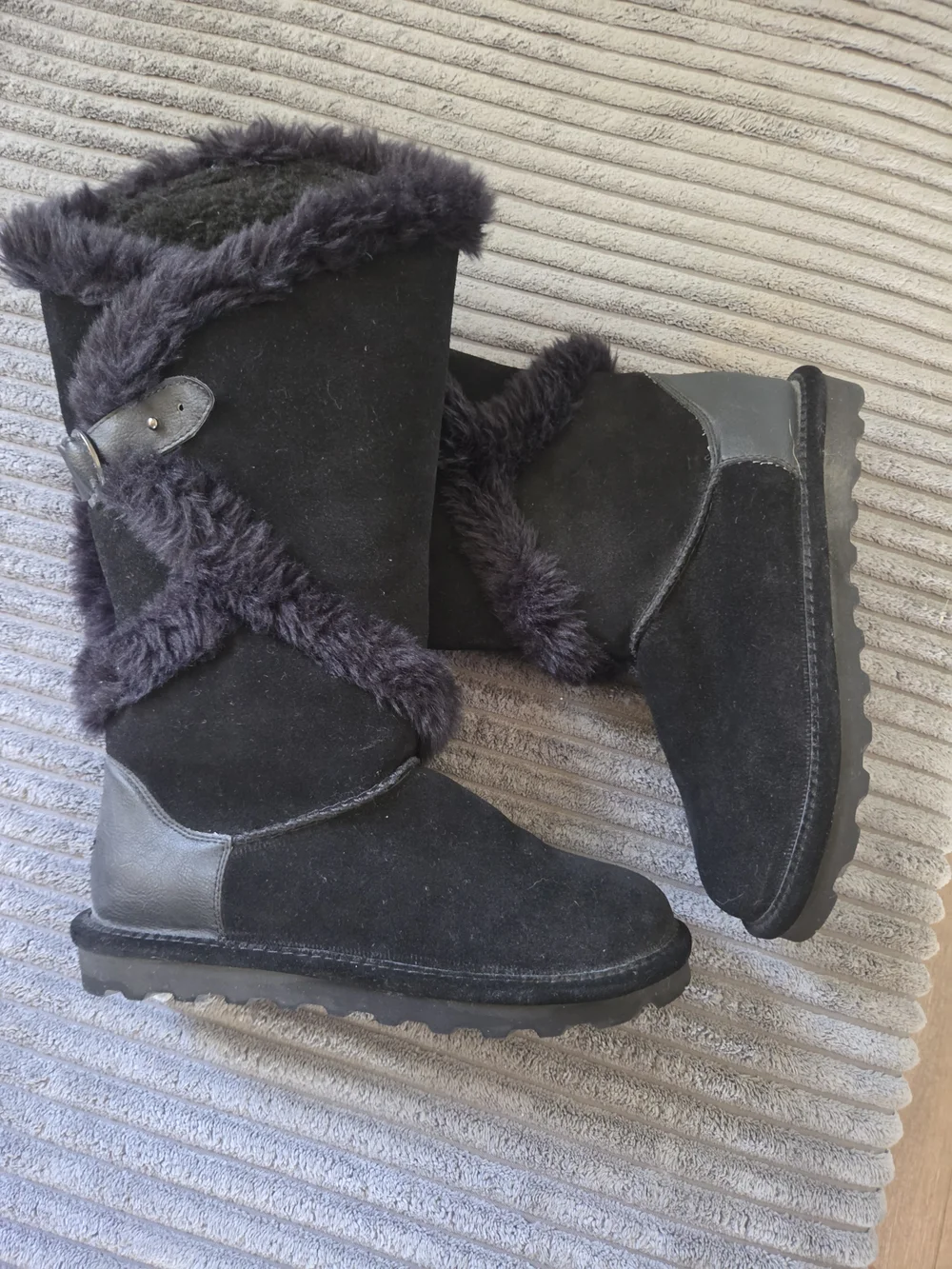 BearPaw Women’s Black Faux-Fur Winter Boots with Strap Detail